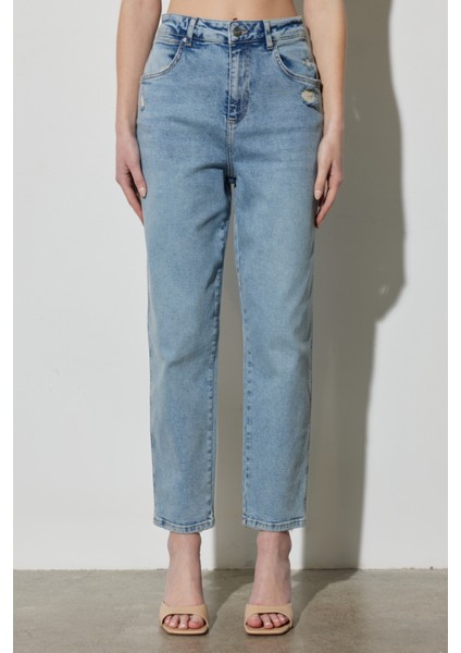 Mom Fit Yüksek Bel Dar Paça Mavi Esnek Jean Kot Pantolon