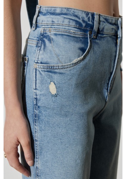 Mom Fit Yüksek Bel Dar Paça Mavi Esnek Jean Kot Pantolon fırsatları