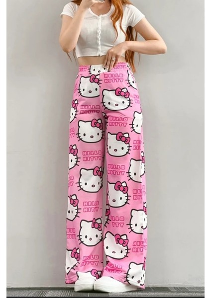 Unisex Pembe Hello Kitty Cat Bol Paça Eşofman Altı