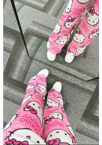 Unisex Pembe Hello Kitty Cat Bol Paça Eşofman Altı