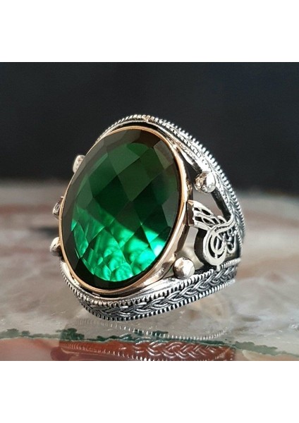 925 Ayar Gümüş Yeşil Zirkon Taşlı Tuğra Model Erkek Yüzük