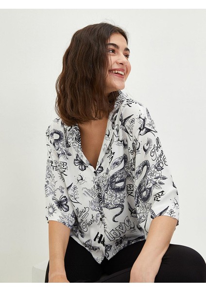 Lcw Casual Lcw Casual Ceket Yaka Baskılı Kısa Kollu Viskon Kadın Gömlek