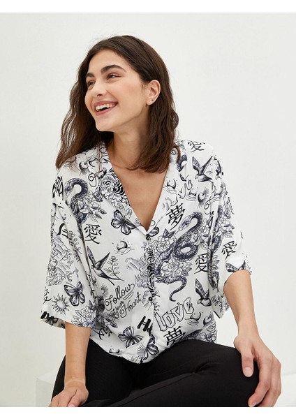 Lcw Casual Lcw Casual Ceket Yaka Baskılı Kısa Kollu Viskon Kadın Gömlek modelleri