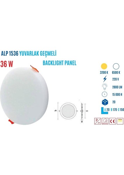 ALP-1536B 36W Geçmeli Backlight Yuv. Panel Byz