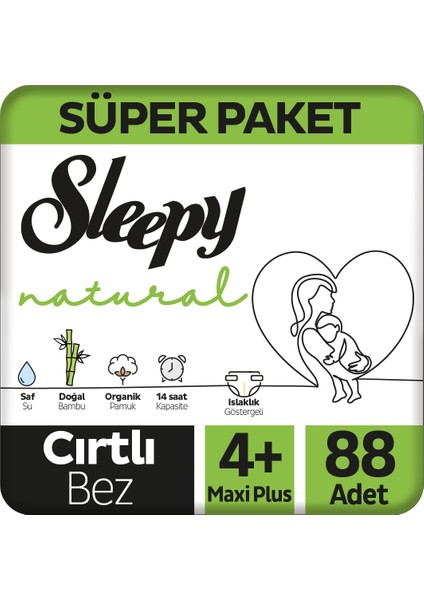 Natural Süper Paket Bebek Bezi 4+ Numara Maxi Plus 88 Adet