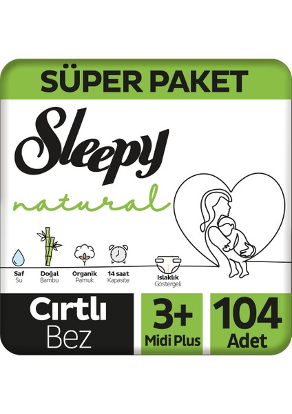 Natural Süper Paket Bebek Bezi 3+ Numara Midi Plus 104 Adet