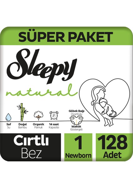 Natural Süper Paket Bebek Bezi 1 Numara Newborn 128 Adet
