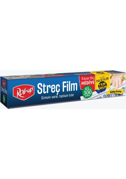 Roll Up Sarı PE Streç Film 45 cm x 300m 8mic (Kayar Bıçak Hediyeli)