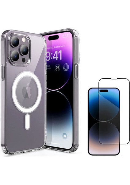 iPhone 14 Promax Magsafe Destekli Şeffaf Kılıf + Seramik Nano Ekran Koruyucu