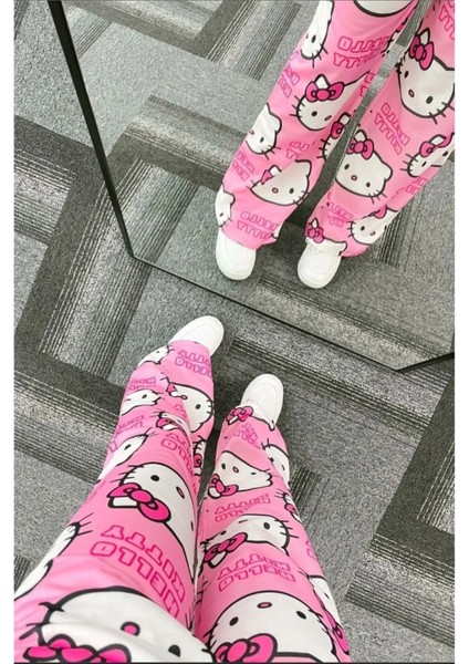 Unisex Pembe Hello Kitty Cat Bol Paça Eşofman Altı modelleri