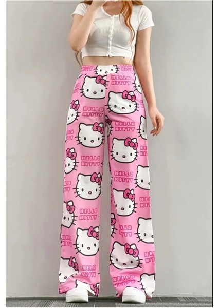 Unisex Pembe Hello Kitty Cat Bol Paça Eşofman Altı