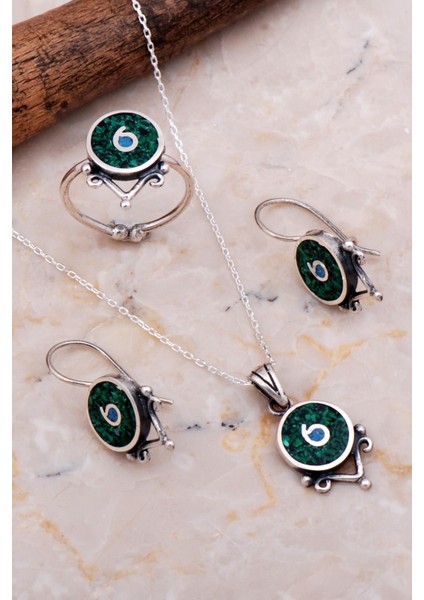 Antik Mozaik Işlemeli Malakit Taşlı Gümüş Set 2633