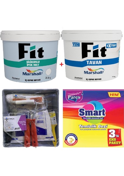 Fit Silikonlu İpek Mat Silinebilir Duvar Boyası 2.5 Lt + Marshall Fit Extra Tavan Boyası 3.5 kg + Duvar Boyama Seti