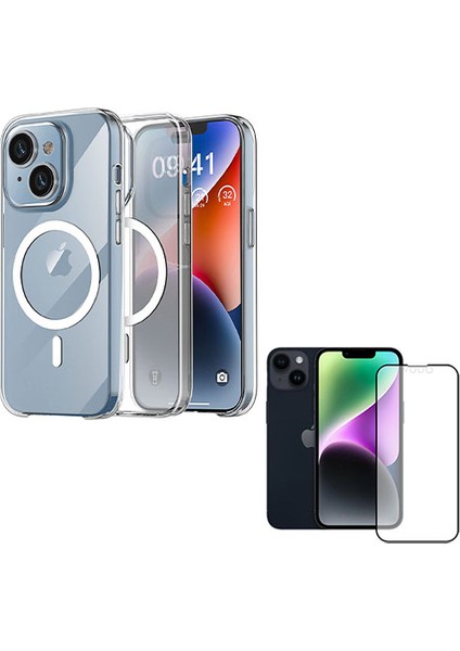 iPhone 14 Magsafe Destekli Şeffaf Kılıf+Mat Seramik Nano Ekran Koruyucu
