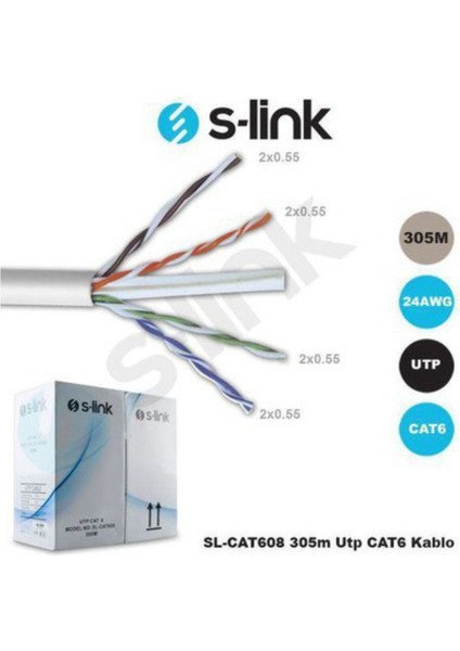 S-Lınk SL-CAT608 Cat6 305M 24AWG Utp 4P*0.50MM Cat6 Cca Gri Network Kablosu