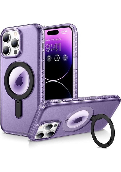 Apple Iphone 14 Pro Max Uyumlu Kılıf Magsafe Şarj Özellikli Mag Standlı Büyüteç Merçek Halkalı Rock Serisi Logo Gösterir Case