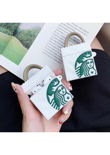 Airpods 1. ve 2. Nesil Uyumlu Starbucks Çanta Kopçalı Koruyucu Silikon Kılıf, Darbe Emici Kılıf fiyatları