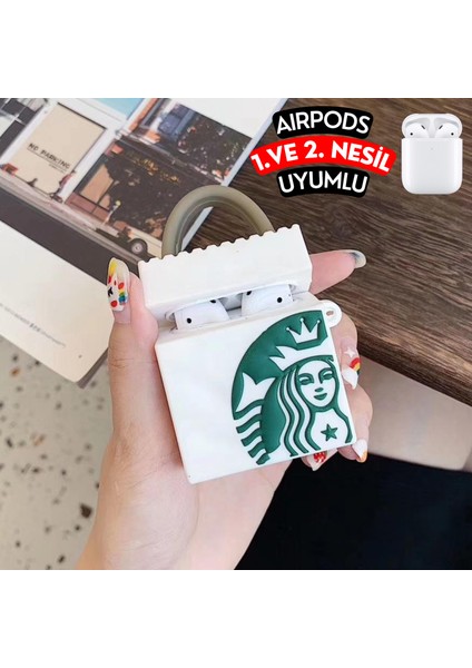 Airpods 1. ve 2. Nesil Uyumlu Starbucks Çanta Kopçalı Koruyucu Silikon Kılıf, Darbe Emici Kılıf