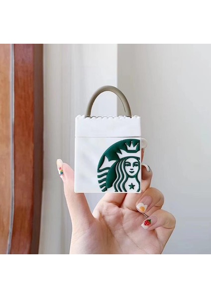 Airpods 1. ve 2. Nesil Uyumlu Starbucks Çanta Kopçalı Koruyucu Silikon Kılıf, Darbe Emici Kılıf modelleri
