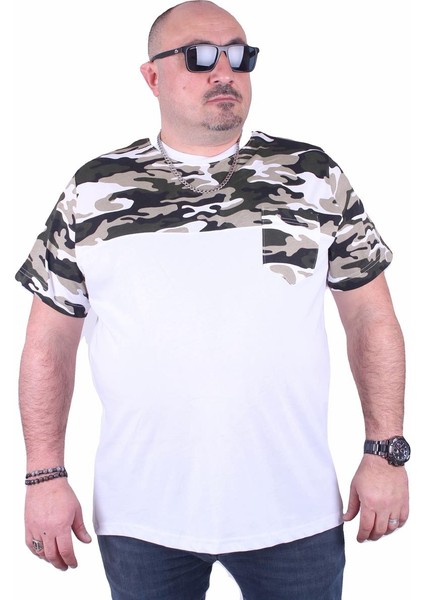 Mocgrande Büyük Beden Cepli Camouflage Erkek Tişört 23145 Beyaz