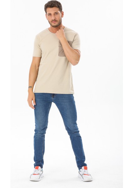 Erkek Garnili Cep Nakışlı Bisiklet Yaka T-Shirt