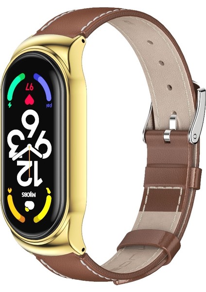 Xiaomi Mi Band 7/7 Nfc Kahverengi Altın Için Üst Kat Cowhide Saat Bandı (Yurt Dışından)