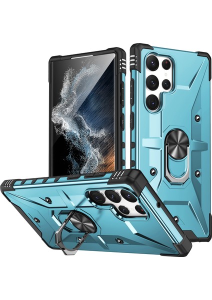 Galaxy S22 Ultra 5g Için Halka Tutucu Standlı Çift Katmanlı Telefon Kılıfı - Mavi (Yurt Dışından)