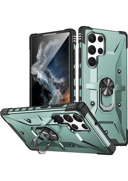 Galaxy S22 Ultra 5g Için Halka Tutucu Standlı Çift Katmanlı Telefon Kılıfı - Yeşil (Yurt Dışından)