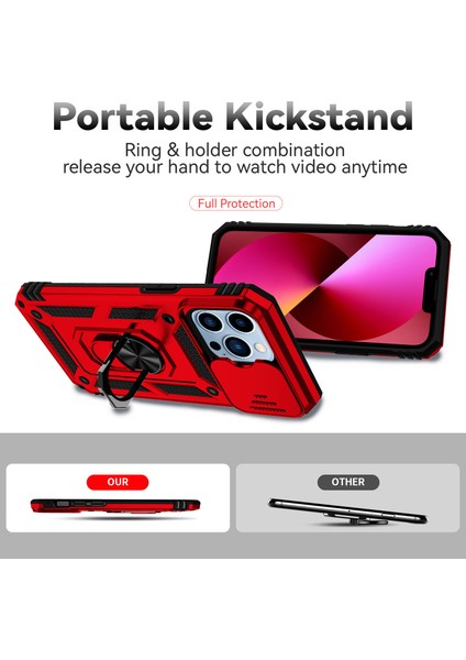 Apple iPhone 14 Pro Için Halka Ayaklı ve Kayar Kamera Kapaklı Telefon Kılıf - Kırmızı (Yurt Dışından) indirimleri