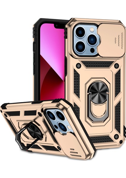 Apple iPhone 14 Pro Için Halka Ayaklı ve Kayar Kamera Kapaklı Telefon Kılıf - Altın (Yurt Dışından)