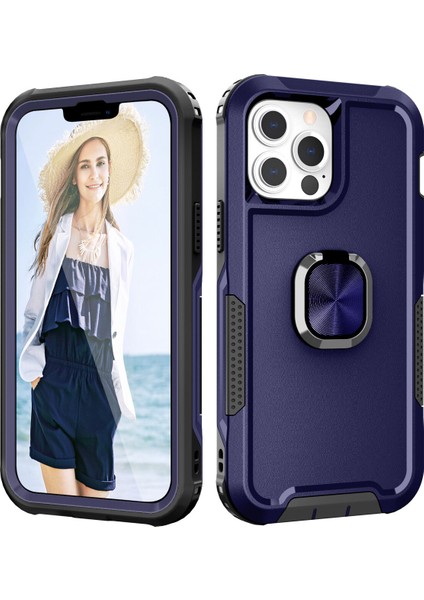Apple iPhone 14 Pro Max Için Yüzük Stand Silikon Sert Pc Tampon Telefon Kılıfı - Lacivert (Yurt Dışından)