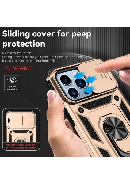 Apple iPhone 14 Pro Için Halka Ayaklı ve Kayar Kamera Kapaklı Telefon Kılıf - Altın (Yurt Dışından) fiyatları