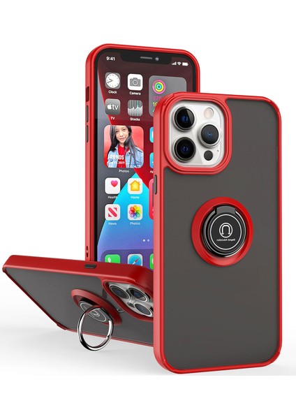 Apple iPhone 14 Pro Max Için Yüzük Stand Mat Sert Silikon Telefon Kılıfı - Kırmızı (Yurt Dışından)
