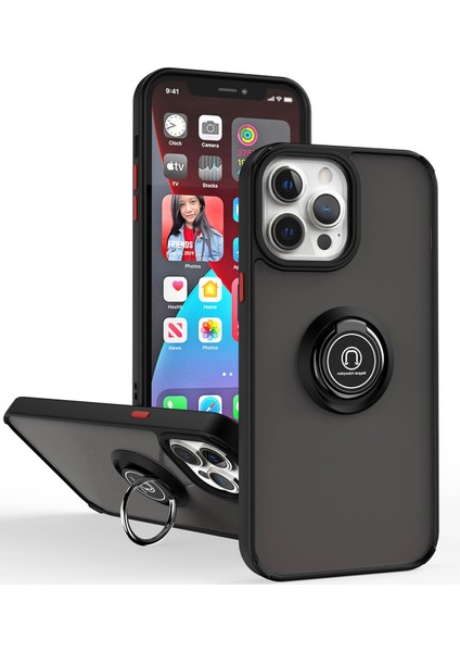 Apple iPhone 14 Pro Max Için Yüzük Stand Mat Sert Silikon Telefon Kılıfı - Siyah / Kırmızı (Yurt Dışından)