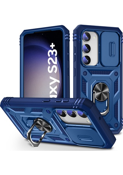 Galaxy S23+ Için Kayar Lens Koruyucu Halka Standlı Telefon Kılıfı - Mavi (Yurt Dışından)