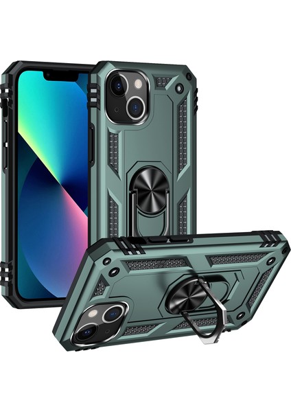 Apple iPhone 14 Için Halka Tutuculu Çift Katmanlı Telefon Kılıfı - Yeşil (Yurt Dışından)