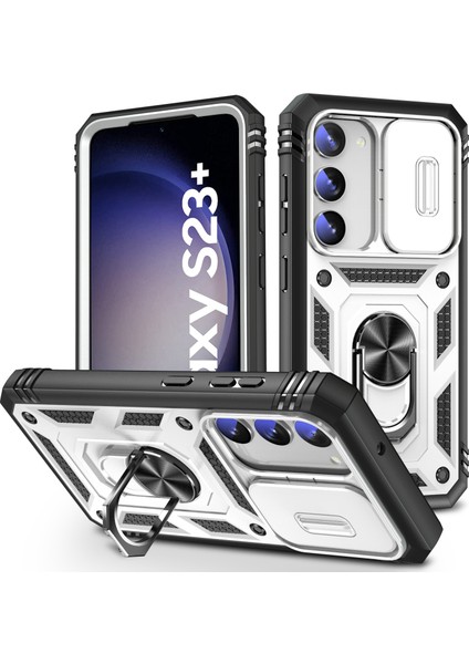 Galaxy S23+ Için Kayar Lens Koruyucu Halka Standlı Telefon Kılıfı - Beyaz (Yurt Dışından)