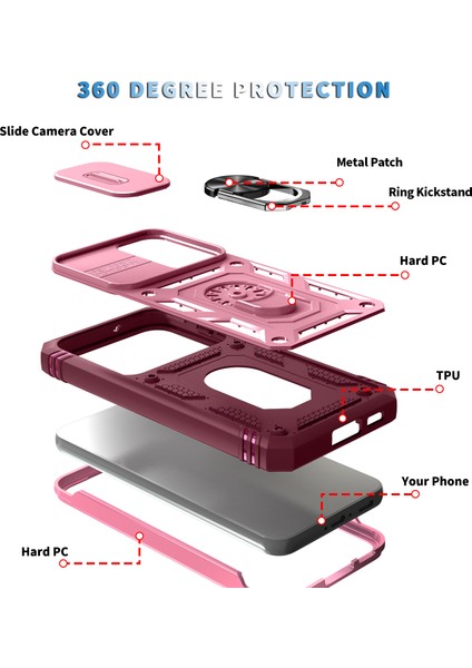 Galaxy S23+ Için Kayar Lens Koruyucu Halka Standlı Telefon Kılıfı - Pembe / Kırmızı (Yurt Dışından)