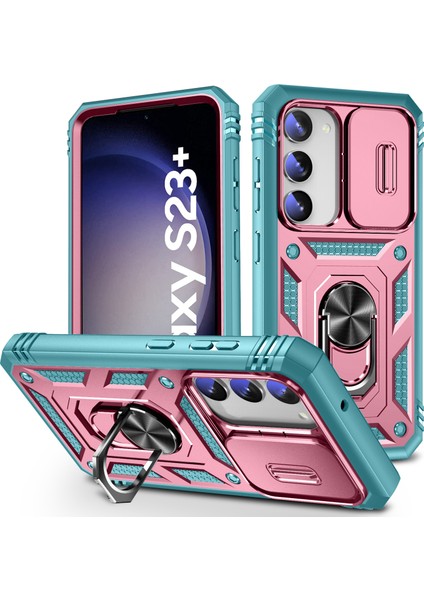 Galaxy S23+ Için Kayar Lens Koruyucu Halka Standlı Telefon Kılıfı - Pembe / Yeşil (Yurt Dışından)