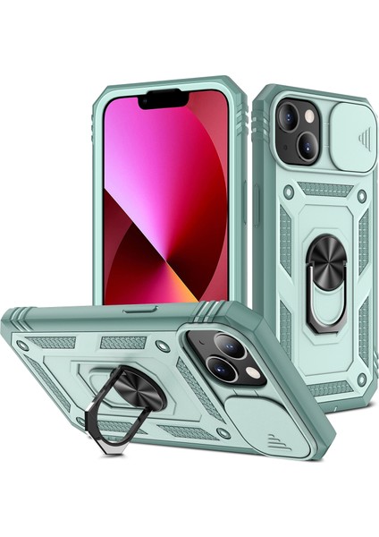 Apple iPhone 14 Plus Için Kayar Lens Koruyucu Halka Standlı Telefon Kılıfı - Yeşil (Yurt Dışından)