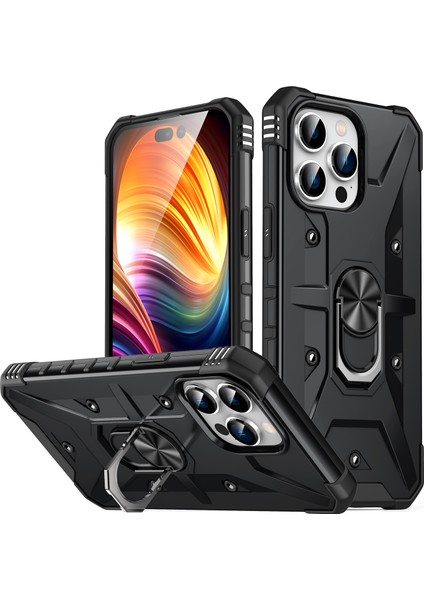Apple iPhone 14 Pro Max Için Halka Tutucu Standlı Çift Katmanlı Telefon Kılıfı - Siyah (Yurt Dışından)