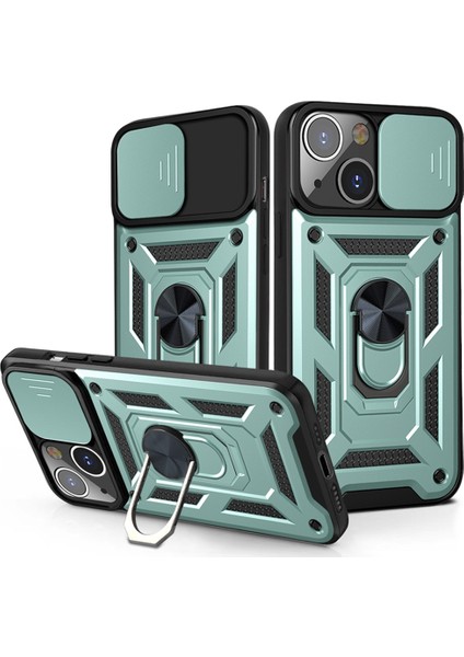 Apple iPhone 14 Plus Için Kaydırmalı Kamera Kapağı ve Yüzük Tutuculu Telefon Kılıfı - Yeşil (Yurt Dışından)