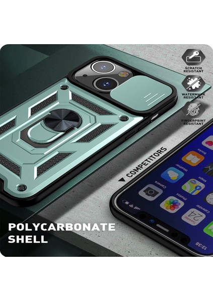 Apple iPhone 14 Plus Için Kaydırmalı Kamera Kapağı ve Yüzük Tutuculu Telefon Kılıfı - Yeşil (Yurt Dışından)