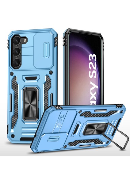 Galaxy S23 Için Halka Tutucu Kayar Lens Koruyucu Çift Telefon Kılıfı - Mavi (Yurt Dışından)