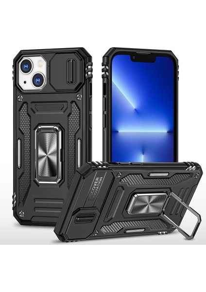 Apple iPhone 14 Plus Için Halka Tutucu Kayar Lens Koruyucu Çift Telefon Kılıfı - Siyah (Yurt Dışından)