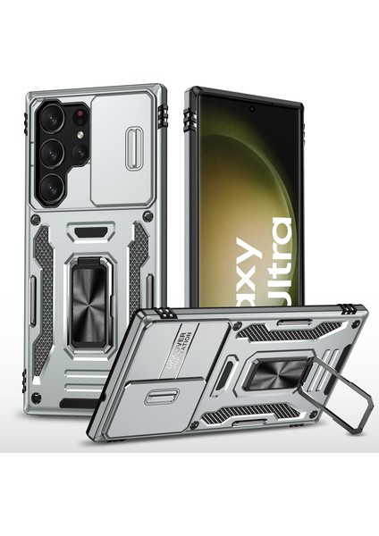Galaxy S23 Ultra Için Halka Tutucu Kayar Lens Koruyucu Çift Telefon Kılıfı - Gri (Yurt Dışından)