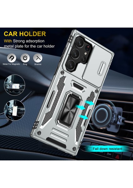 Galaxy S23 Ultra Için Halka Tutucu Kayar Lens Koruyucu Çift Telefon Kılıfı - Gri (Yurt Dışından) modelleri