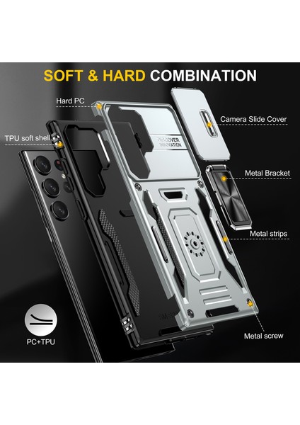 Galaxy S23 Ultra Için Halka Tutucu Kayar Lens Koruyucu Çift Telefon Kılıfı - Gri (Yurt Dışından) fırsatları