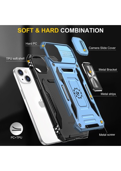 Apple iPhone 14 Plus Için Halka Tutucu Kayar Lens Koruyucu Çift Telefon Kılıfı - Mavi (Yurt Dışından)