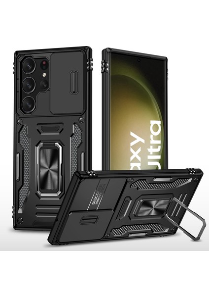 Galaxy S23 Ultra Için Halka Tutucu Kayar Lens Koruyucu Çift Telefon Kılıfı - Siyah (Yurt Dışından)